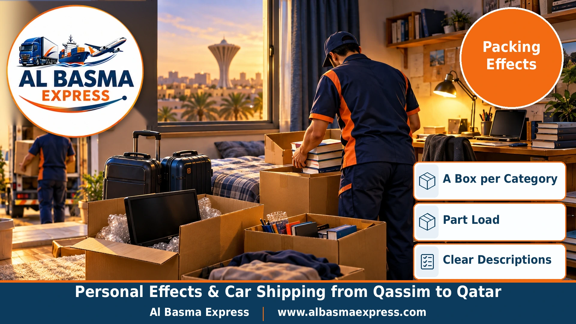 A student packing university books into small boxes in a Buraidah dorm room with two suitcases and a monitor in a dedicated box