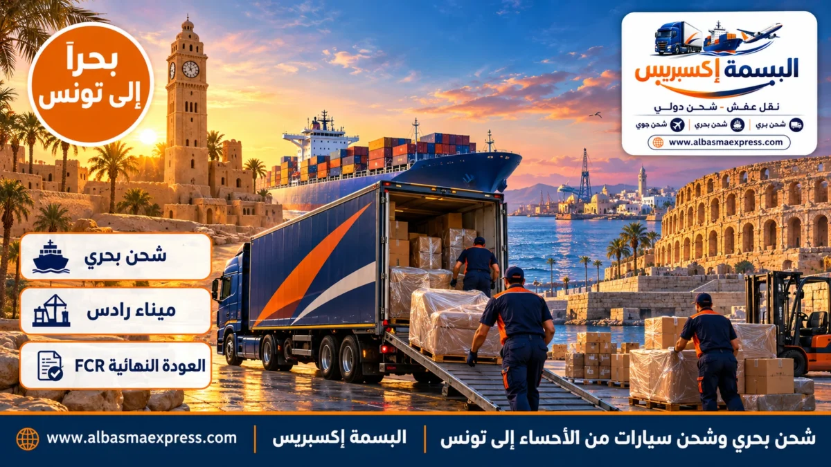 شحن بحري وشحن سيارات من الأحساء إلى تونس: حاوية جافة ومختومة من ميناء الدمام إلى رادس