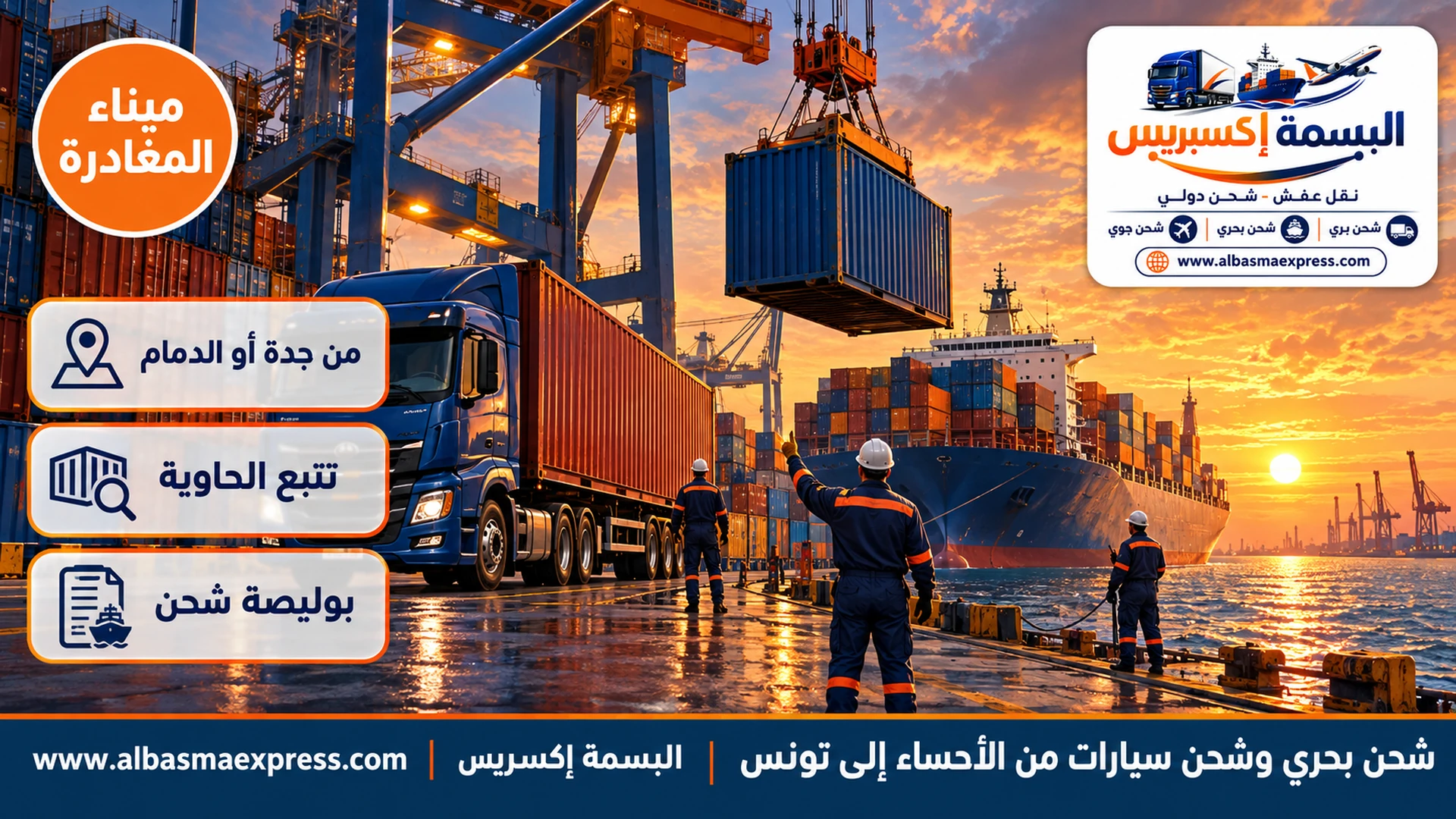 رصيف ميناء على البحر الأحمر بحاويات ملونة مرصوصة ورافعة عملاقة ترفع حاوية زرقاء عند الغروب وشاحنة كحلية تنتظر