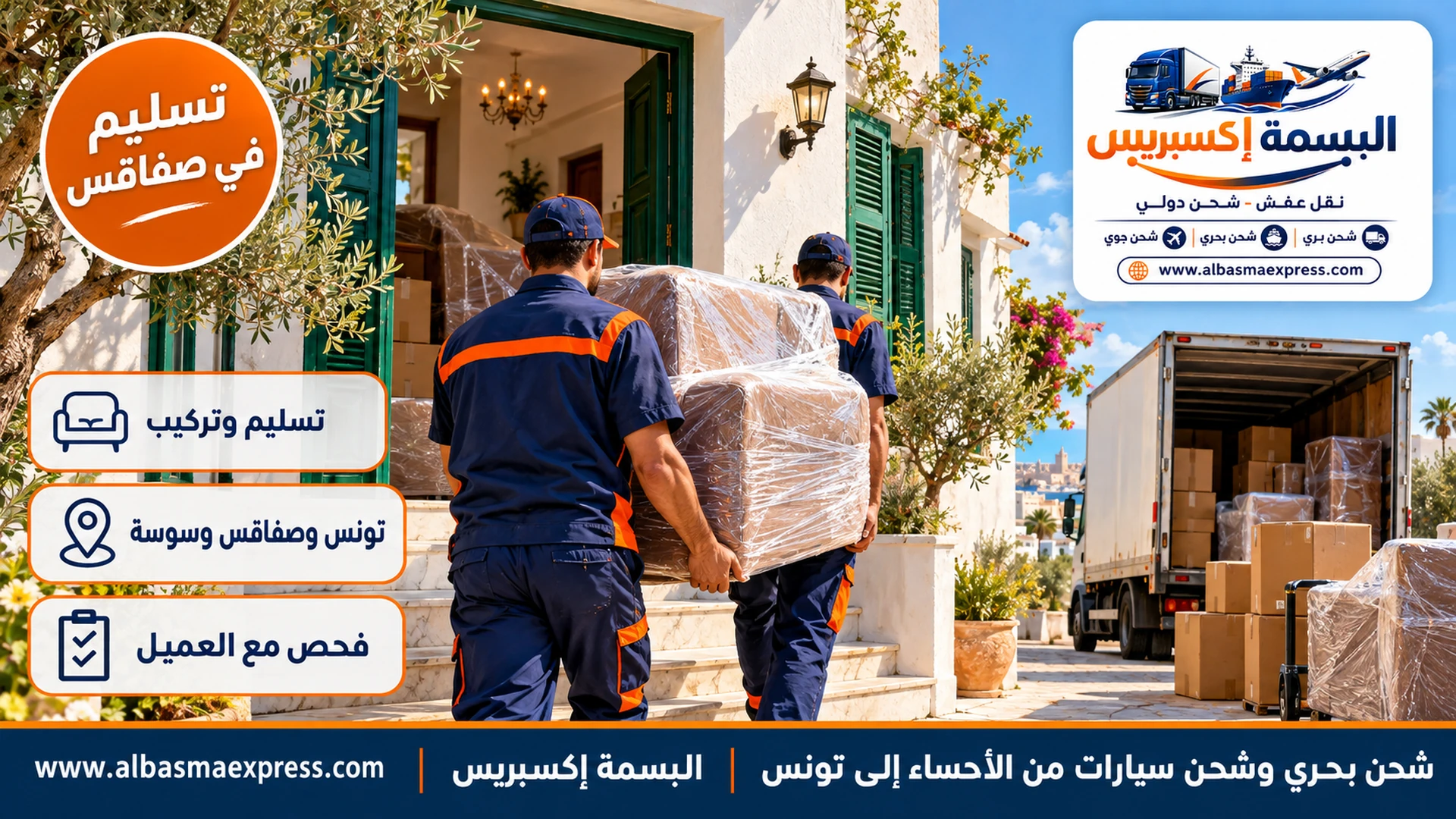 عاملان يدخلان كرسياً مغلفاً إلى بيت تونسي حديث بواجهة بيضاء ونوافذ خشبية خضراء وأشجار زيتون في ضاحية صفاقس