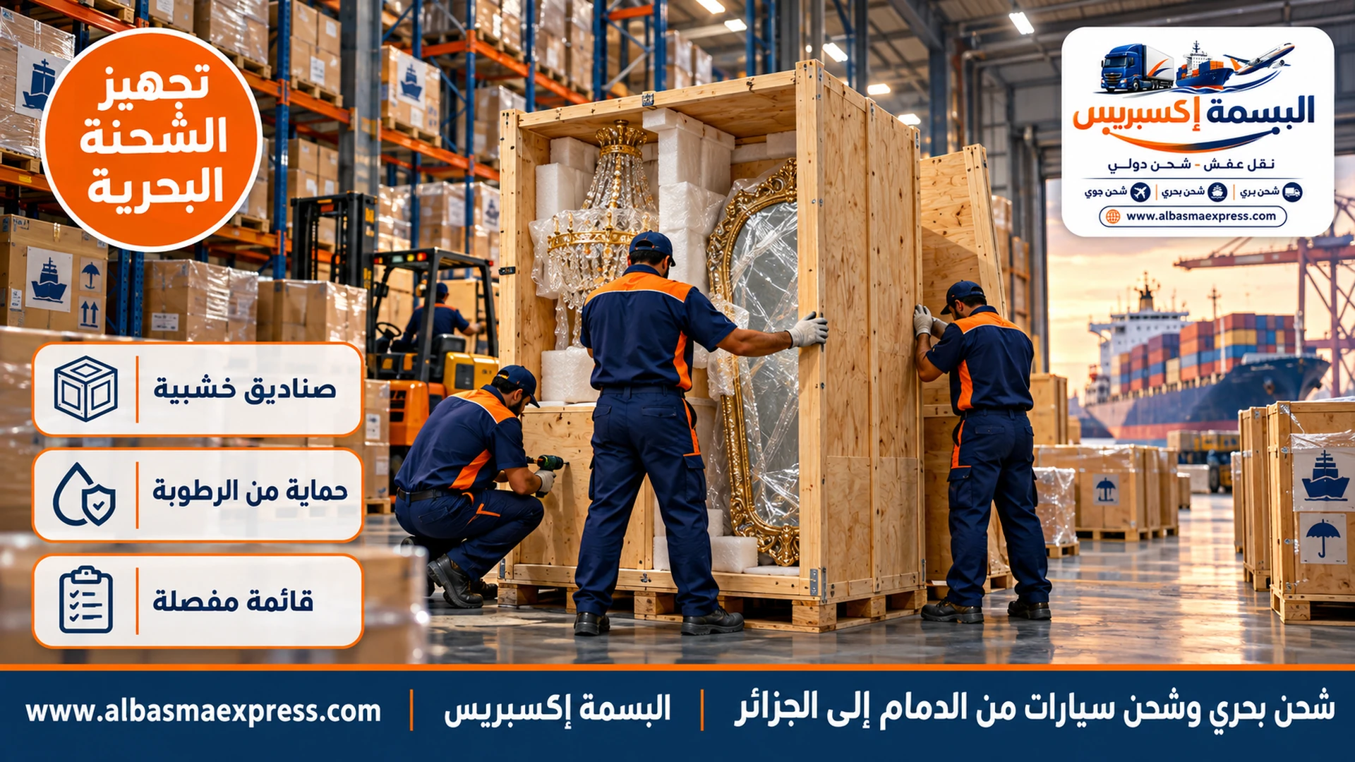 عمال يبنون صندوقاً خشبياً كبيراً حول ثريا ومرآة ضخمة في مستودع تغليف بالدمام ورفوف كراتين مرقمة