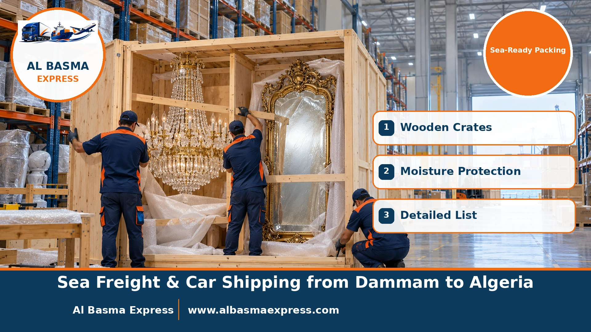 Workers building a large wooden crate around a chandelier and a huge mirror in a Dammam packing warehouse with shelves of numbered boxes