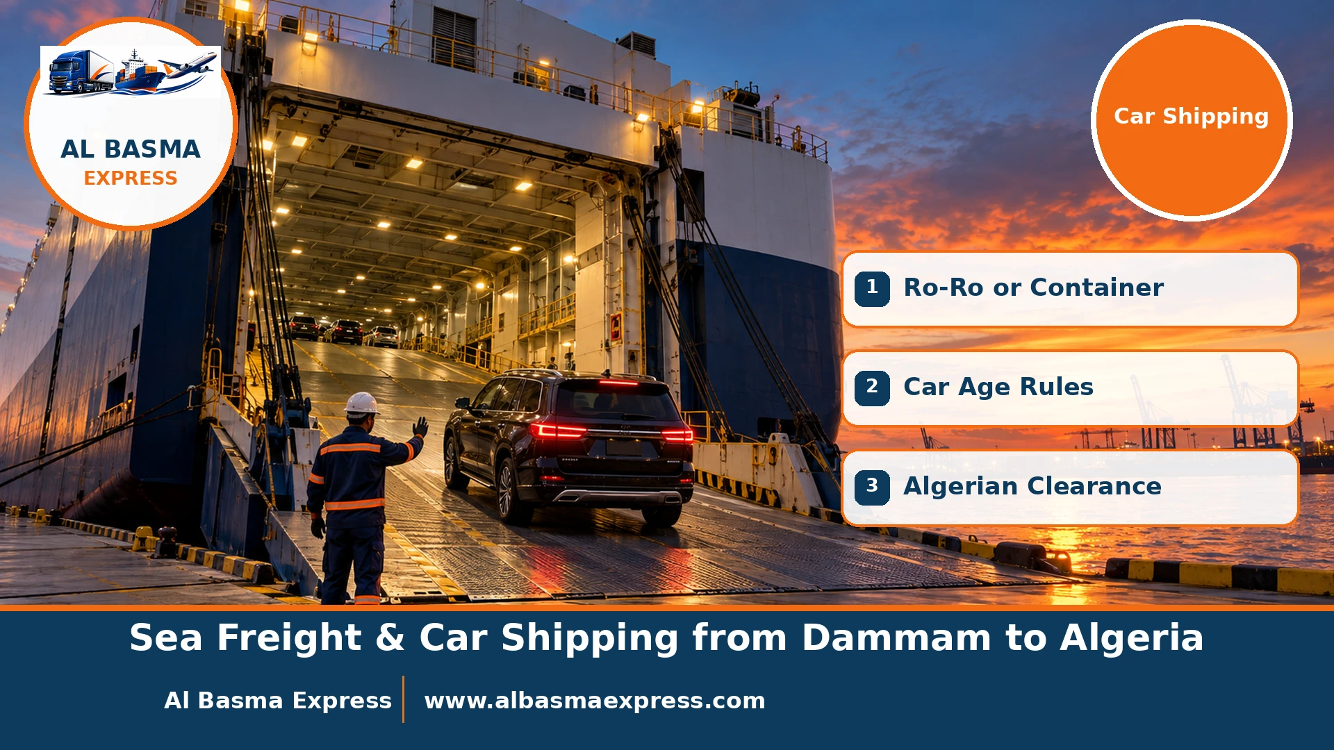 A black SUV driving up the ramp of a huge ro-ro ship at a port in the evening with a worker guiding the driver