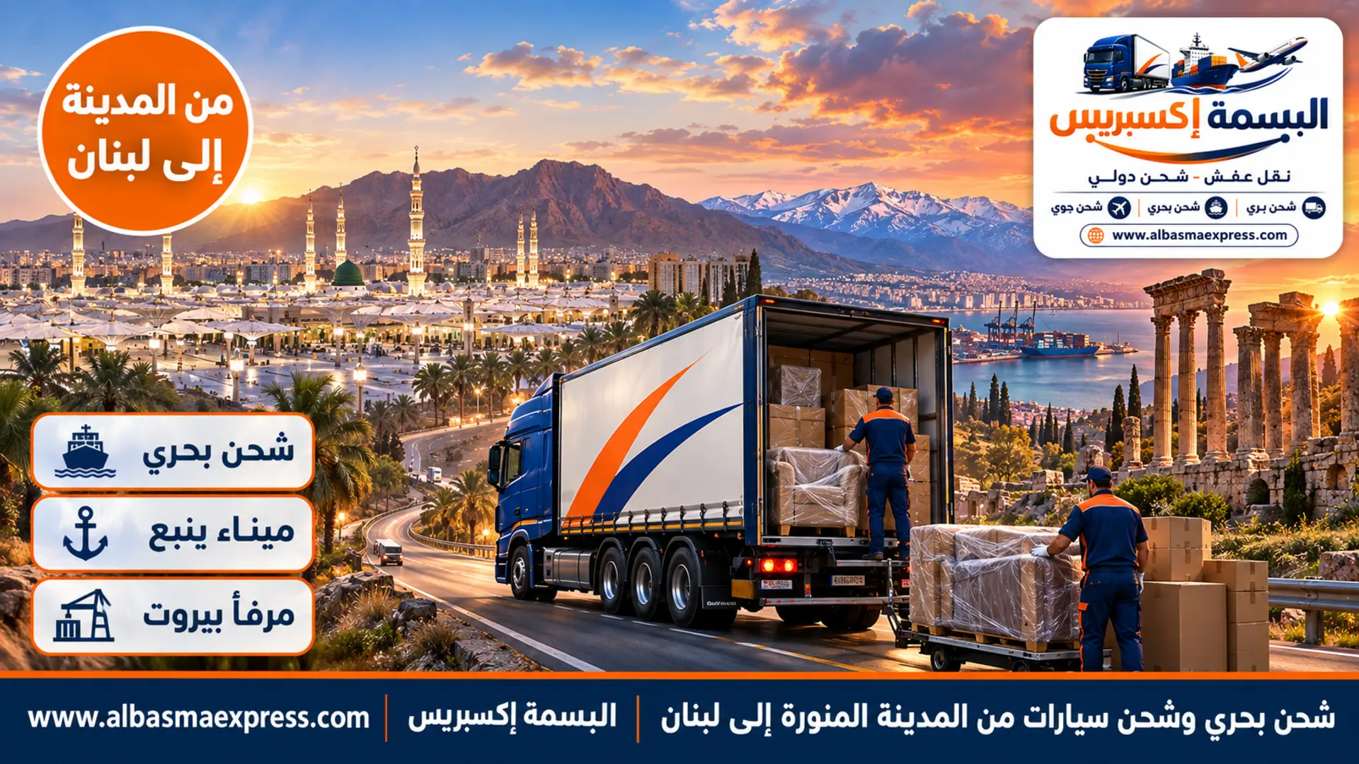 شحن بحري وشحن سيارات من المدينة المنورة إلى لبنان: من ينبع وجدة عبر السويس إلى مرفأ بيروت
