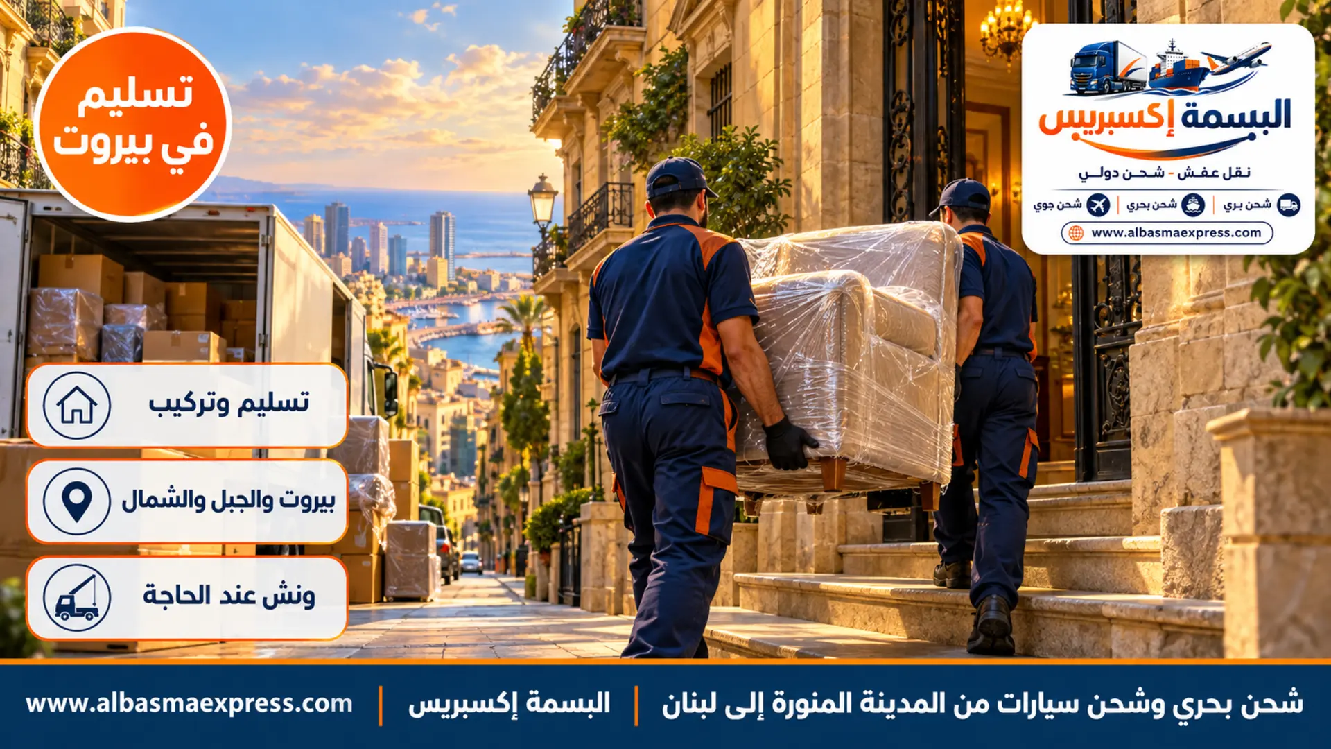 شارع في وسط بيروت بمبانٍ من الحجر الأصفر وشرفات حديدية وعاملان يحملان كرسياً مغلفاً إلى مدخل مبنى
