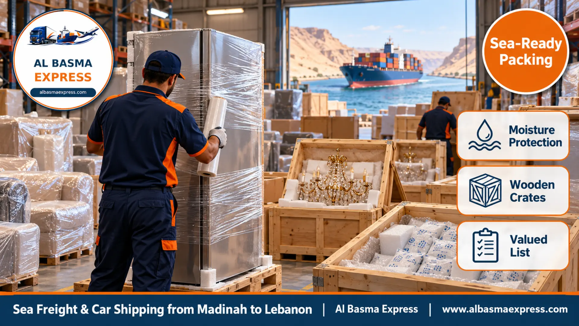 A packing warehouse in Madinah with a worker wrapping a dried fridge in thick film, open wooden crates for chandeliers and moisture-absorbing sachets