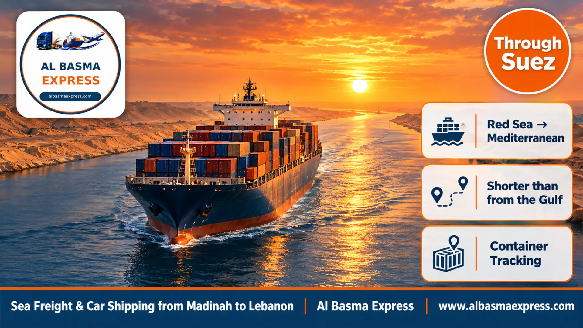 A container ship passing through a straight canal between two desert banks at sunset under an orange sky