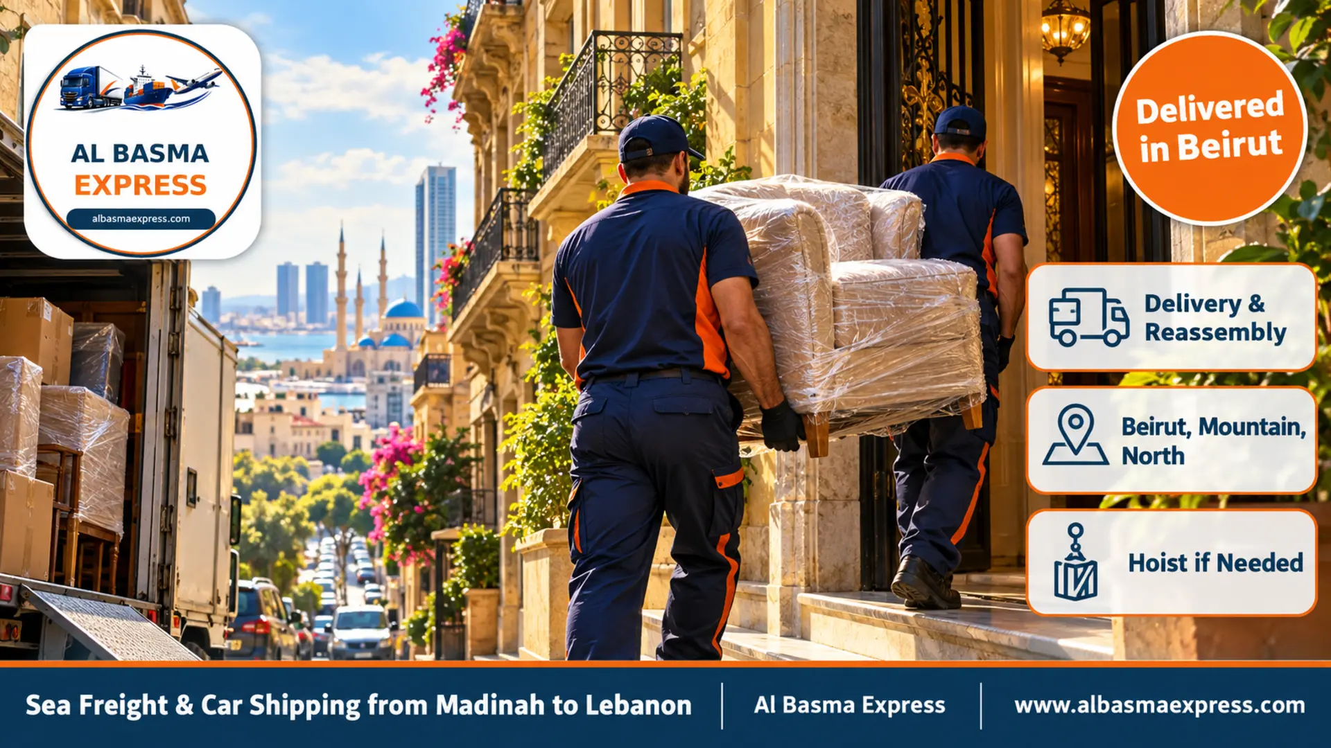 A downtown Beirut street with yellow-stone buildings and iron balconies and two workers carrying a wrapped armchair into a building entrance