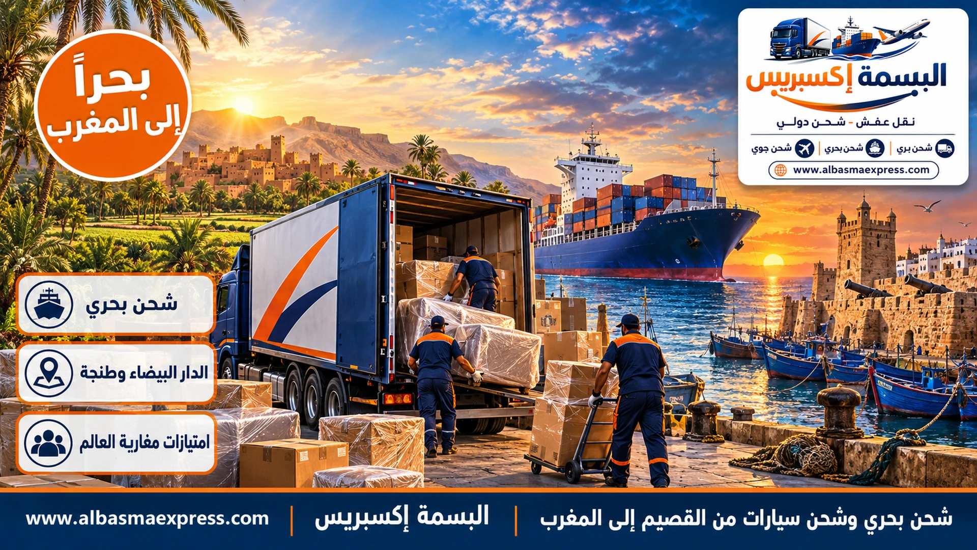 شحن بحري وشحن سيارات من القصيم إلى المغرب: من جدة عبر السويس وجبل طارق بحماية لكل قطعة