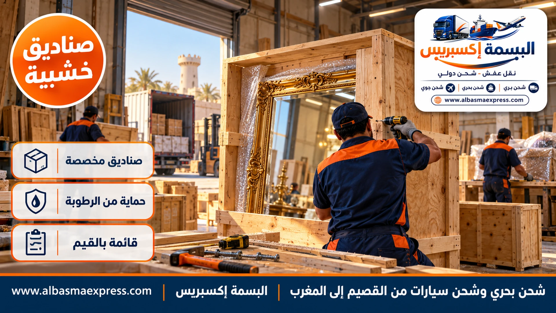 نجار يبني صندوقاً خشبياً حول مرآة كبيرة بإطار مذهب في ورشة تغليف ببريدة وألواح خشب وأدوات