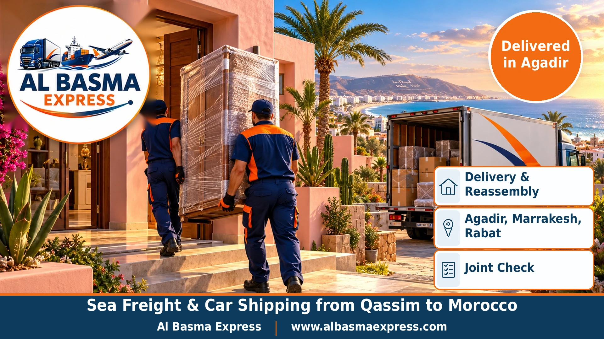 Two workers carrying a wrapped wardrobe into a modern pale-pink Moroccan villa with a cactus and palm garden in Agadir near the ocean