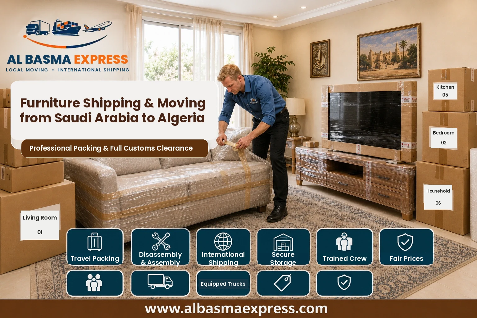 Sofa being wrapped for shipping and moving from Saudi Arabia to Algeria