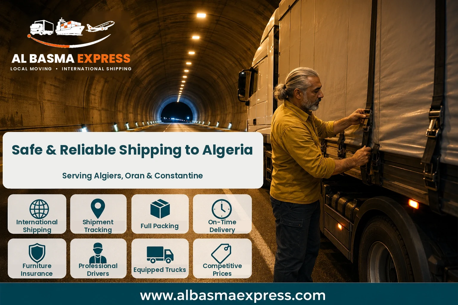 Truck driver securing a load in a tunnel on the way to Algeria