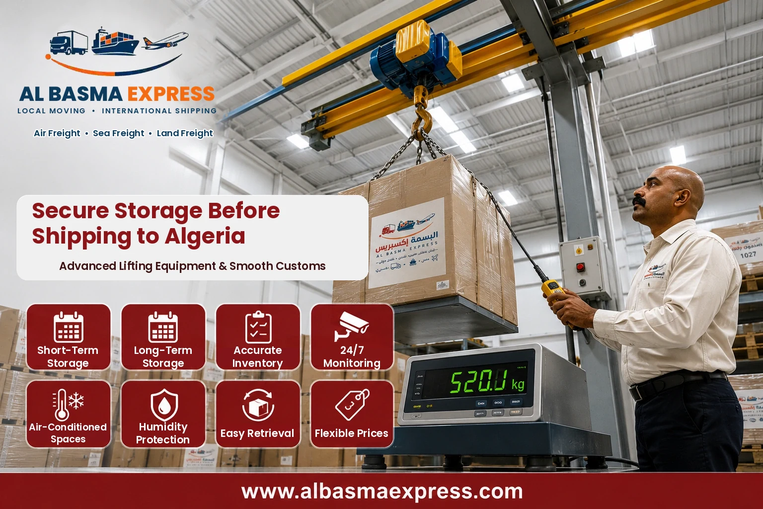 Overhead crane lifting a crate in storage before shipping to Algeria