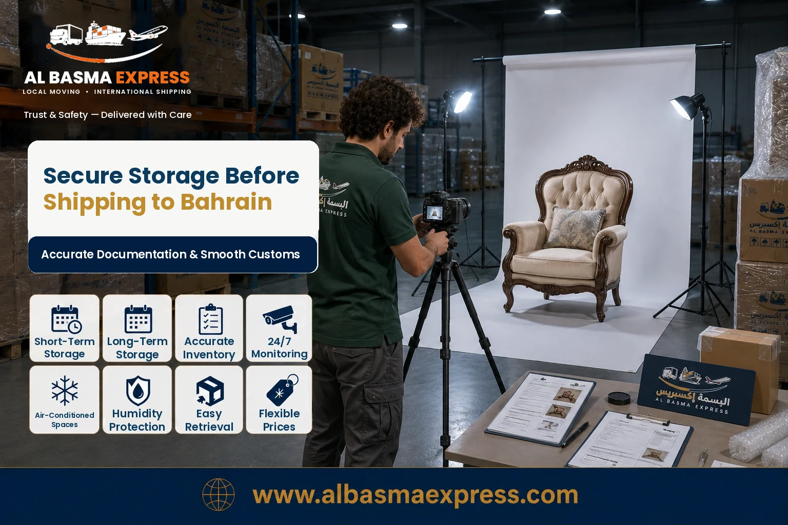 Furniture being photographed and documented in storage before shipping to Bahrain