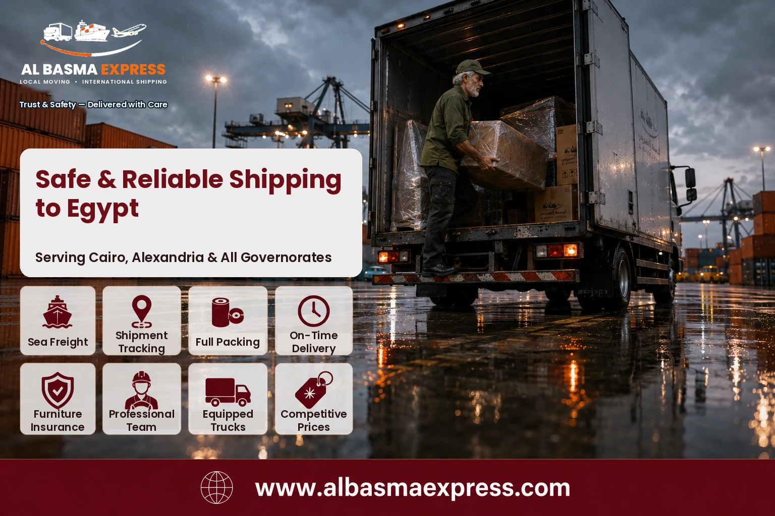 Unloading a truck at the port for shipping from Saudi Arabia to Egypt