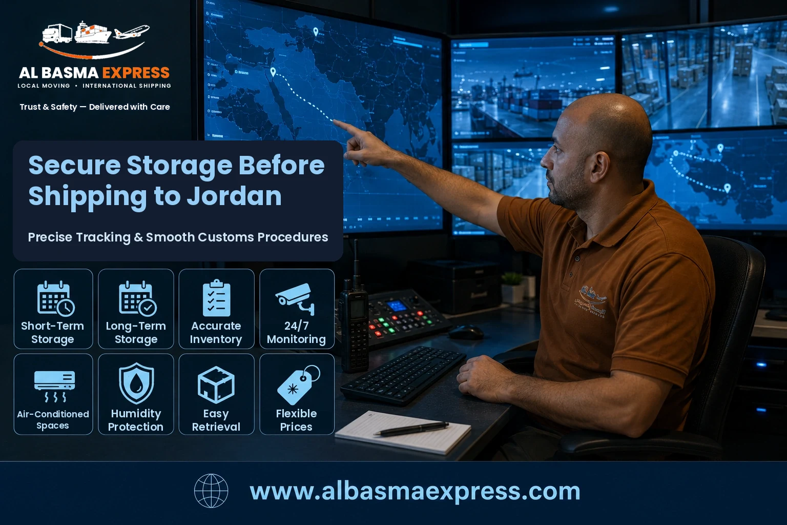 Operations control room tracking shipments and storage before shipping to Jordan