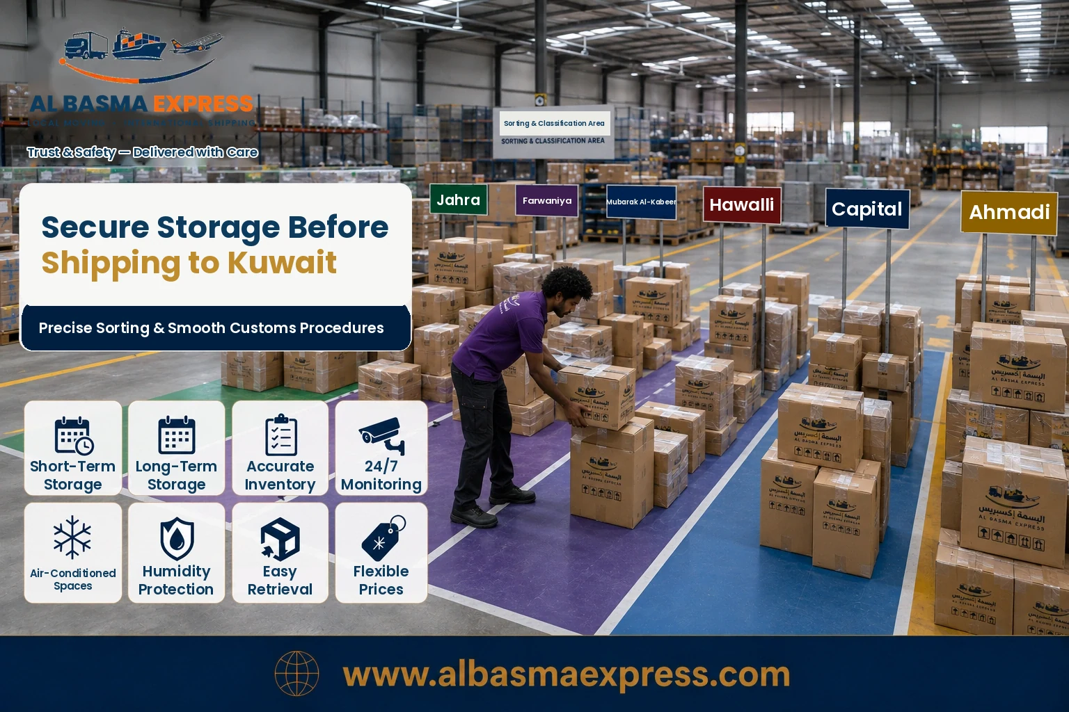 Shipments sorted by Kuwaiti governorate in storage before shipping from Saudi Arabia to Kuwait