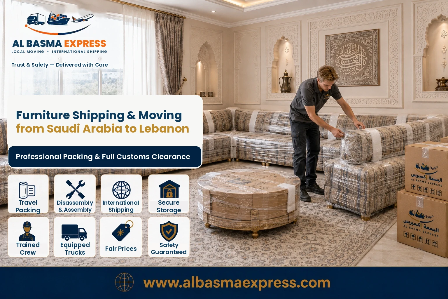 Majlis seating being wrapped for shipping and moving from Saudi Arabia to Lebanon