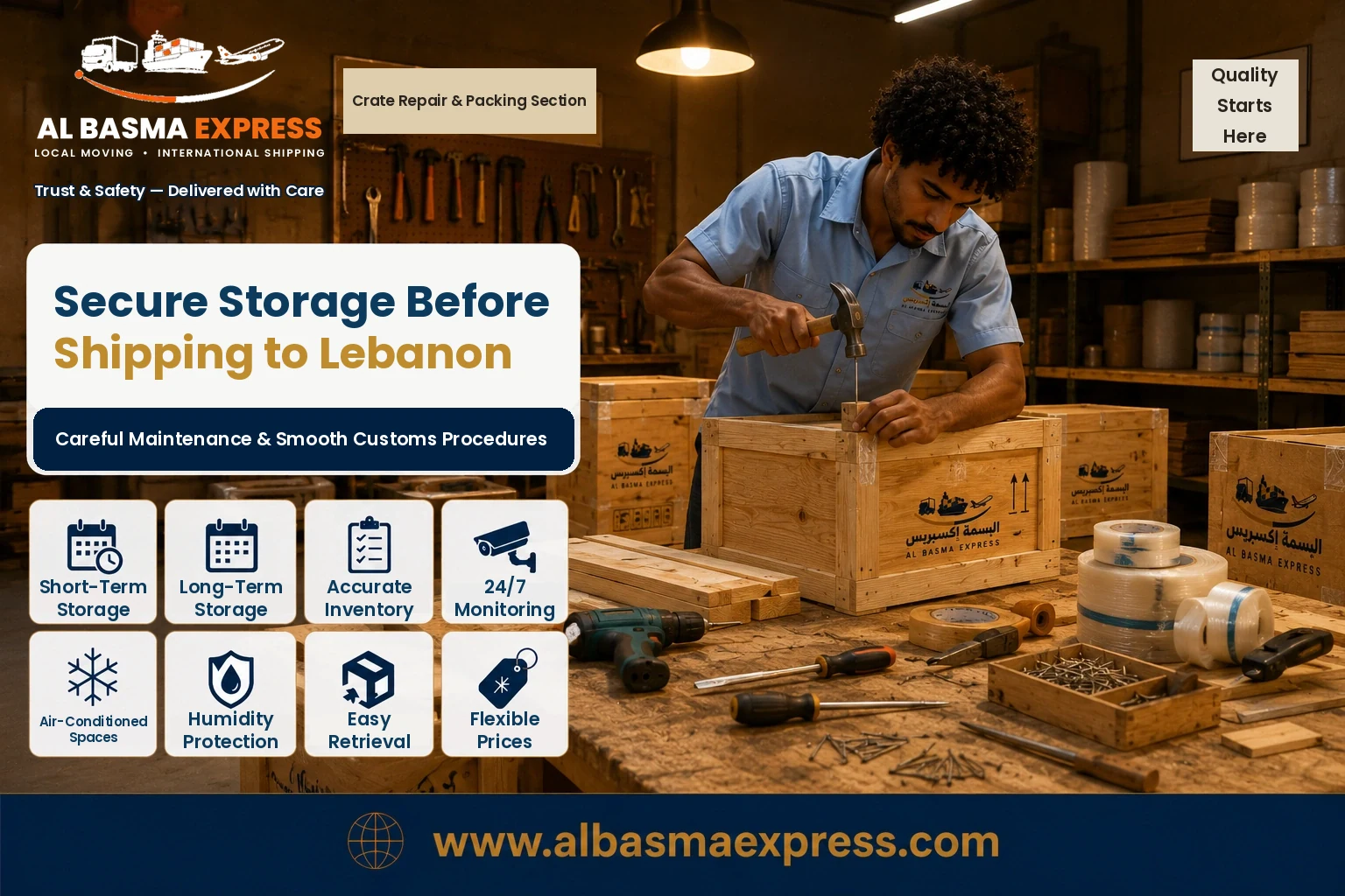 Wooden crates being built in the packing workshop before shipping to Lebanon