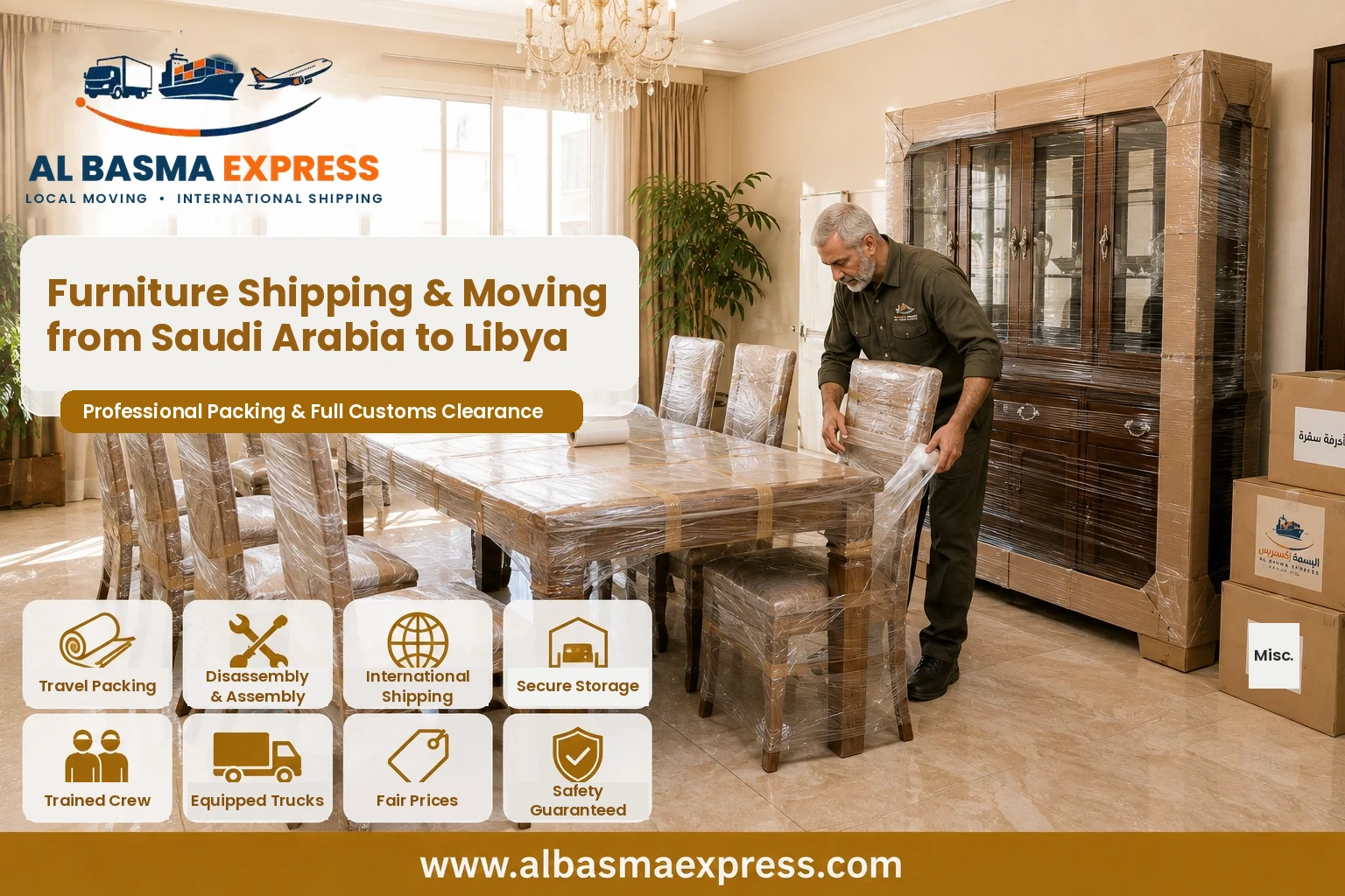 Dining table and display cabinet being wrapped for moving from Saudi Arabia to Libya