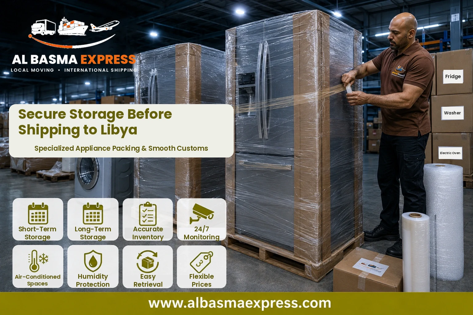 Fridges being wrapped in storage before shipping from Saudi Arabia to Libya
