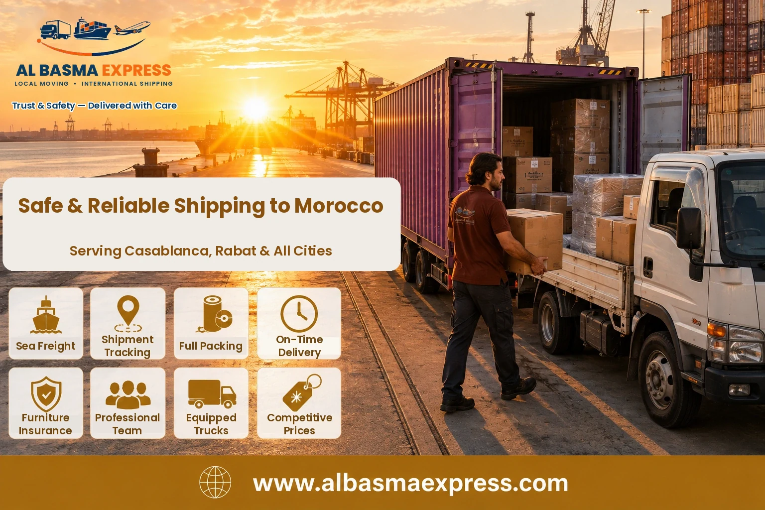 Loading boxes from a shipping container at the port for delivery to Morocco