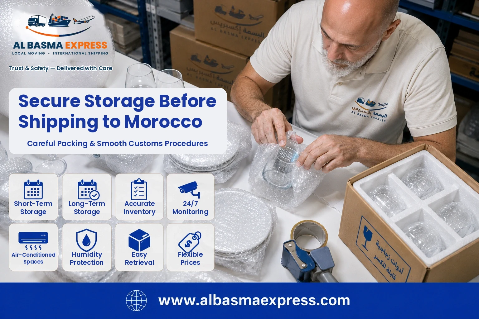 Glassware being wrapped in bubble wrap for storage before shipping to Morocco