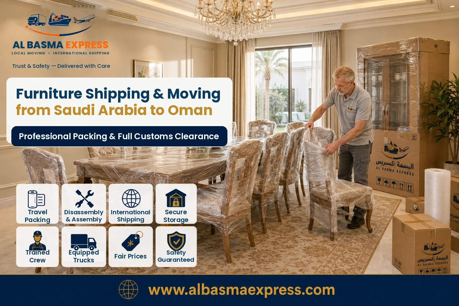 Dining room furniture being packed for moving from Saudi Arabia to Oman