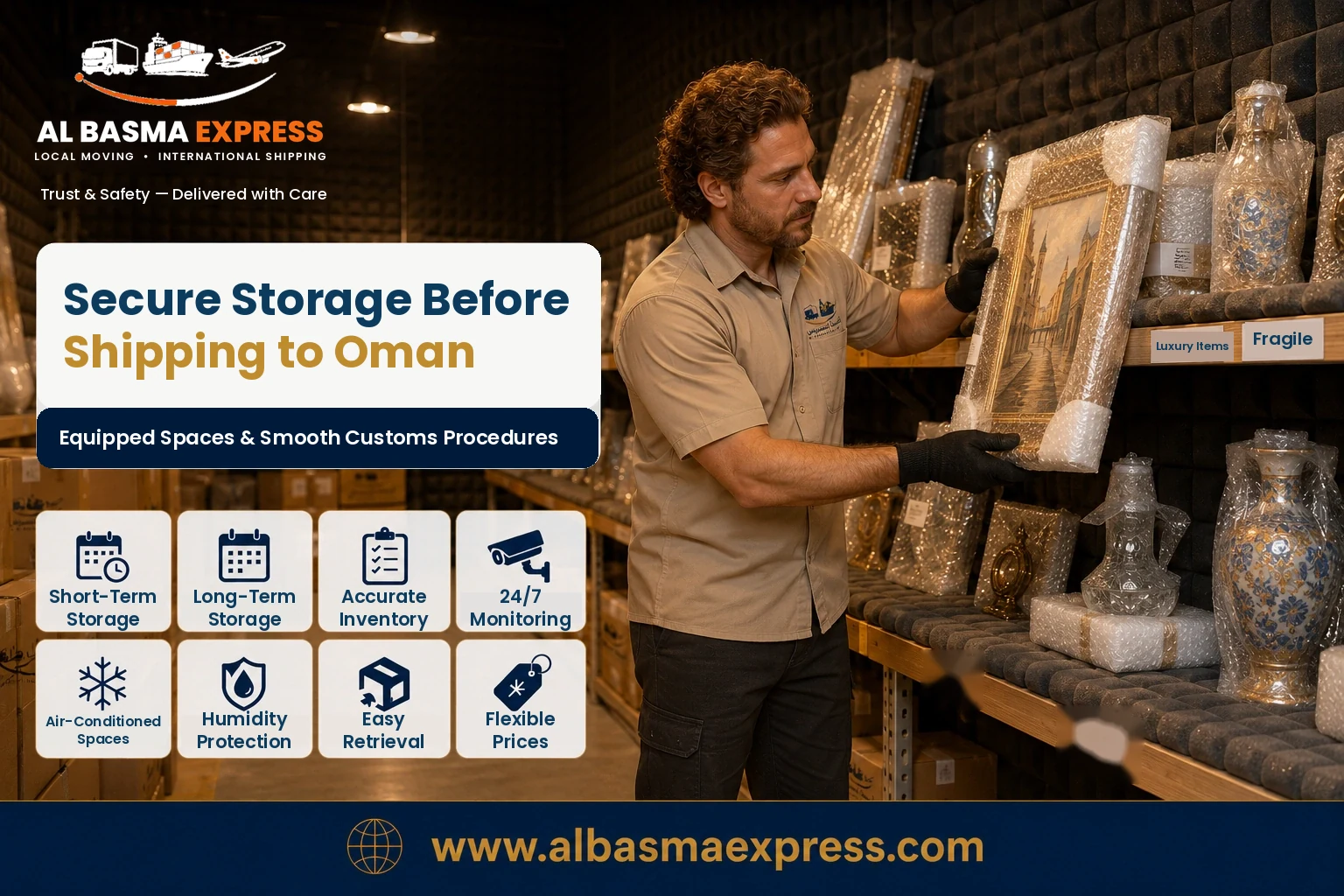 Artwork and antiques in secure storage before shipping from Saudi Arabia to Oman