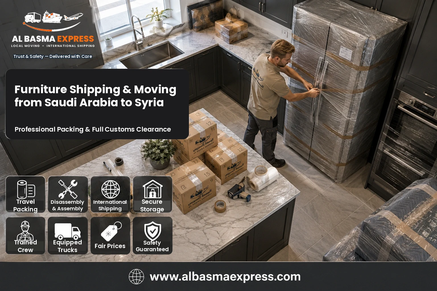 Fridge being wrapped in a kitchen for moving from Saudi Arabia to Syria