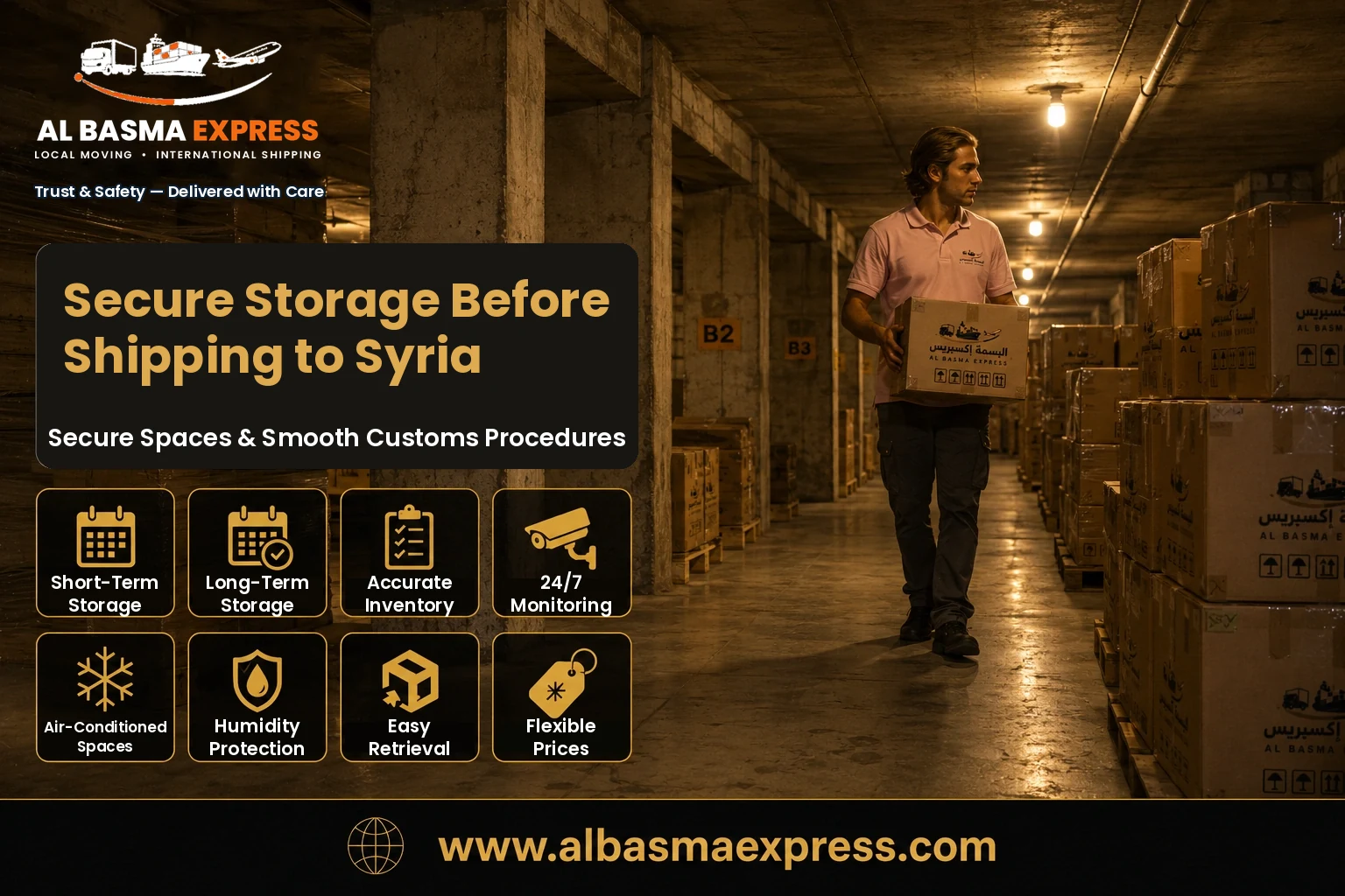 Warehouse aisle with stored boxes before shipping from Saudi Arabia to Syria