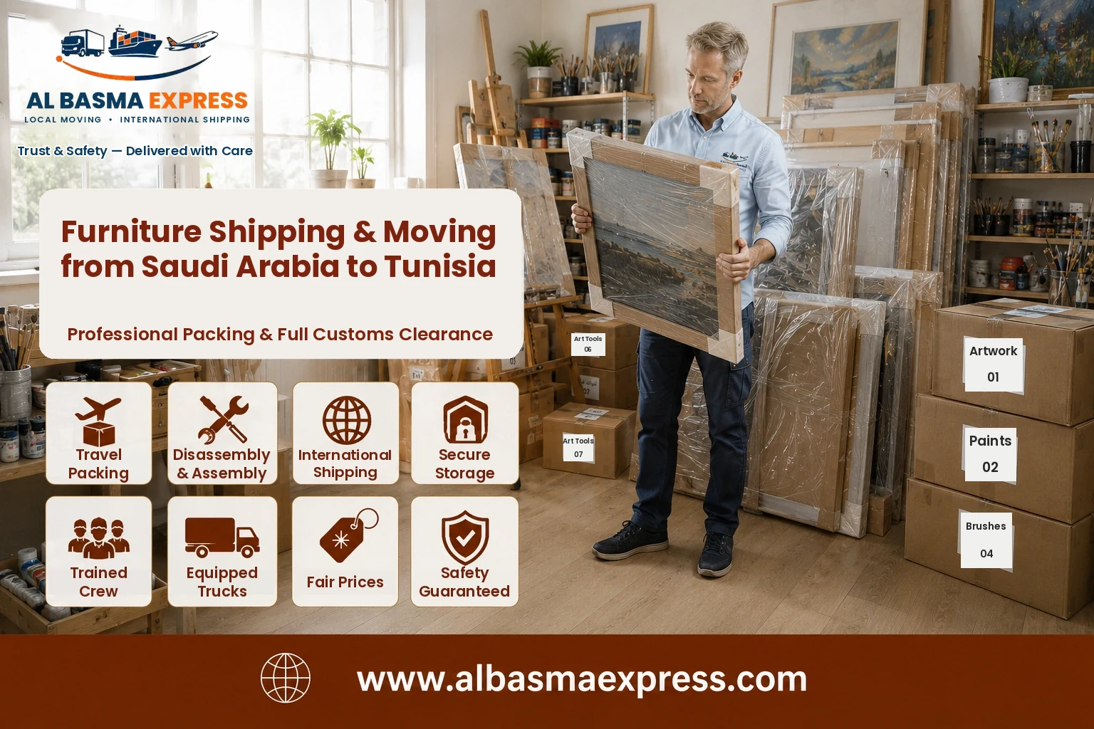 Framed paintings being wrapped for shipping and moving from Saudi Arabia to Tunisia