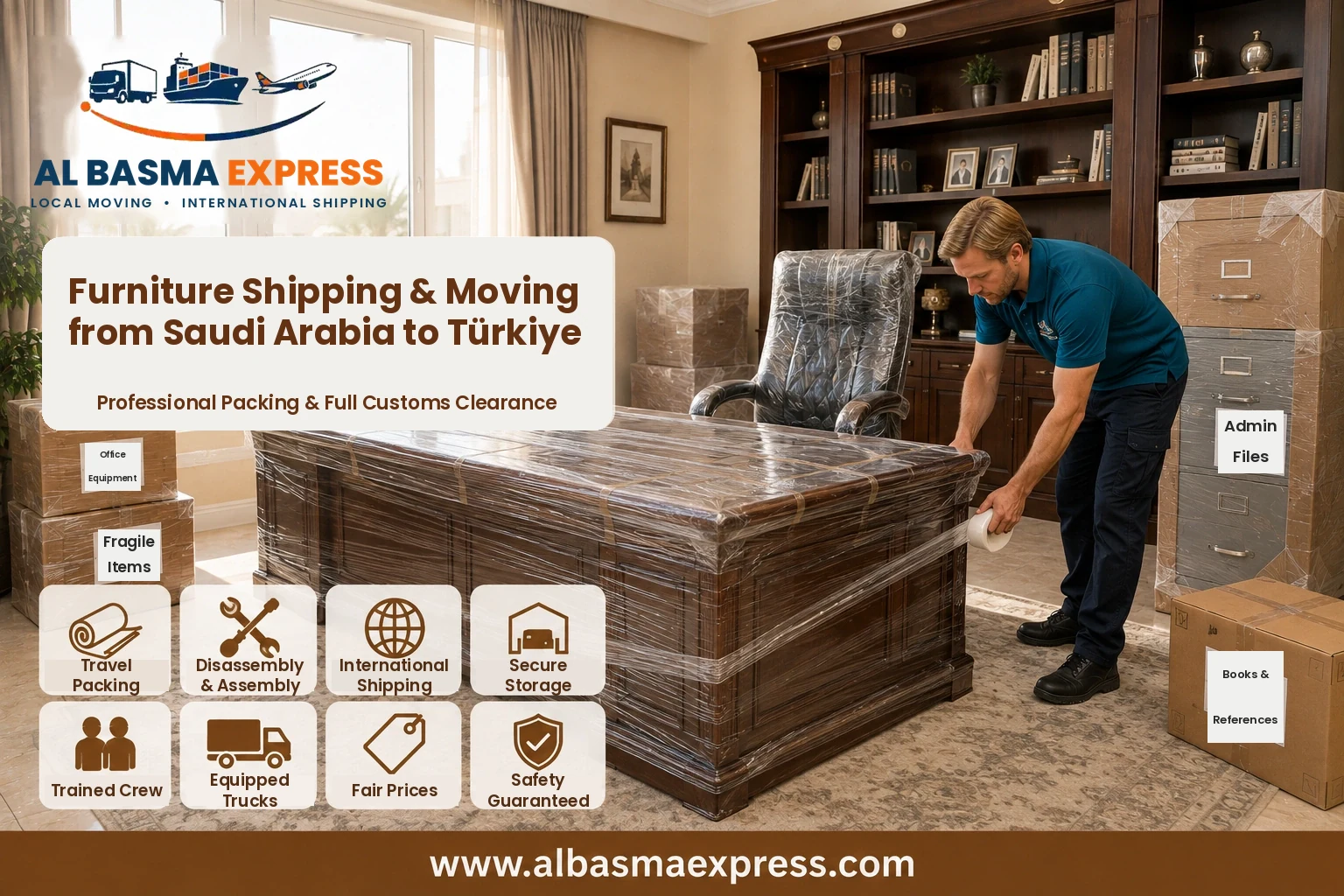 Office desk being wrapped for shipping and moving from Saudi Arabia to Türkiye