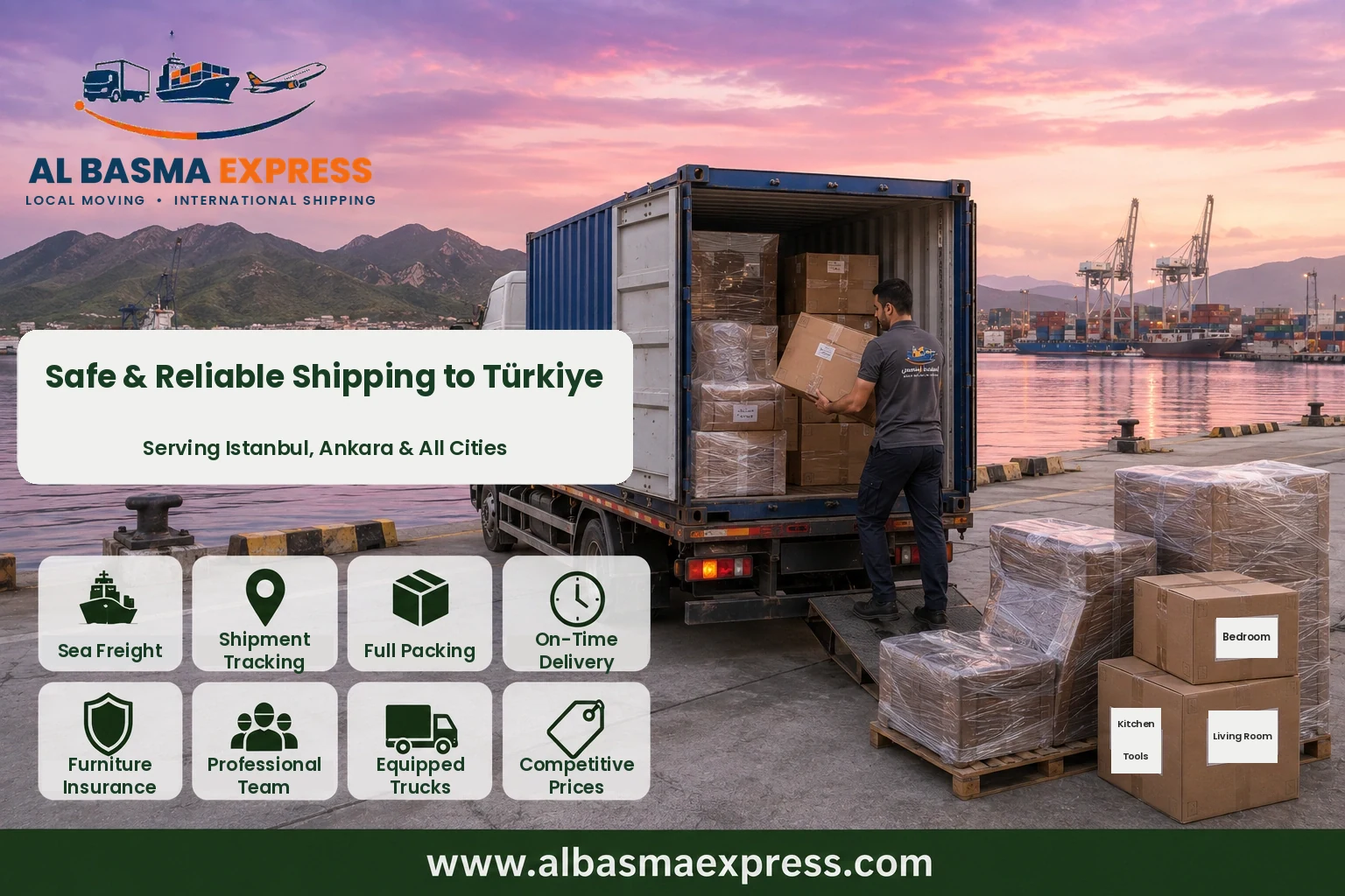Loading boxes into a container at the port for shipping to Türkiye
