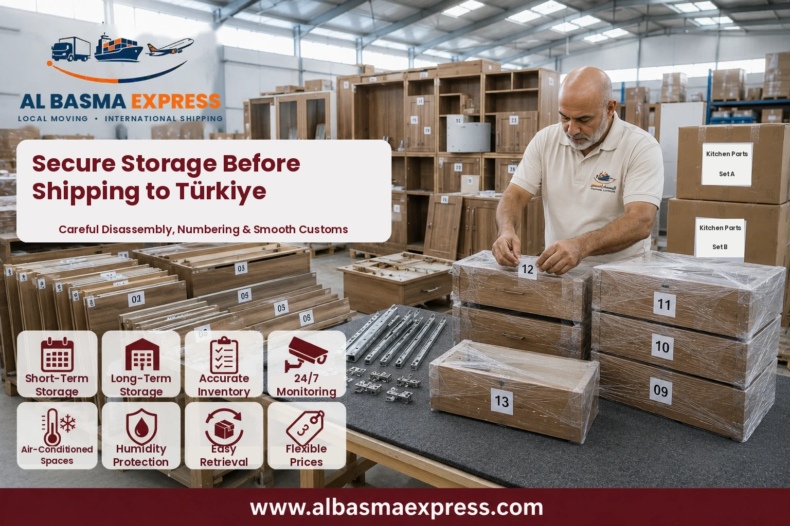 Numbered furniture parts in storage before shipping from Saudi Arabia to Türkiye