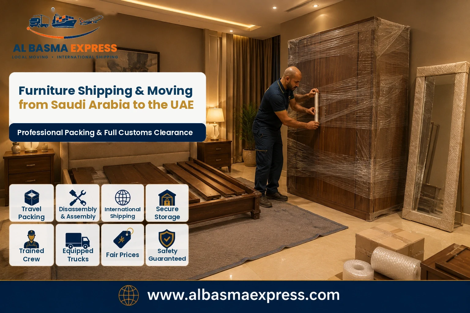 Household furniture being packed for shipping from Saudi Arabia to the UAE with professional packing and customs clearance