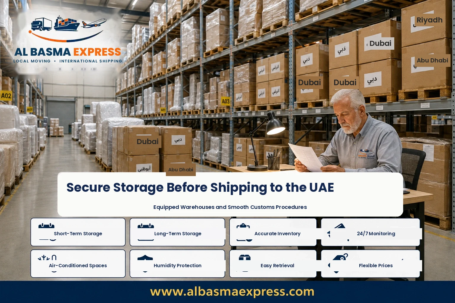 Boxes stored in an equipped warehouse before shipping from Riyadh to the UAE