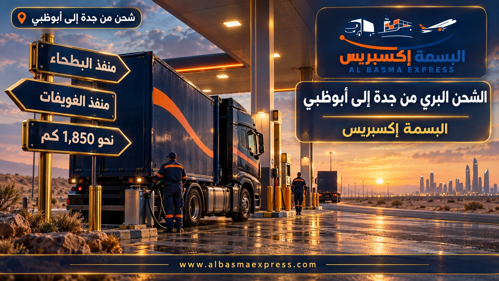 الشحن البري من جدة إلى أبوظبي – شاحنة متوقفة في محطة وقود صحراوية عند الفجر | البسمة إكسبريس