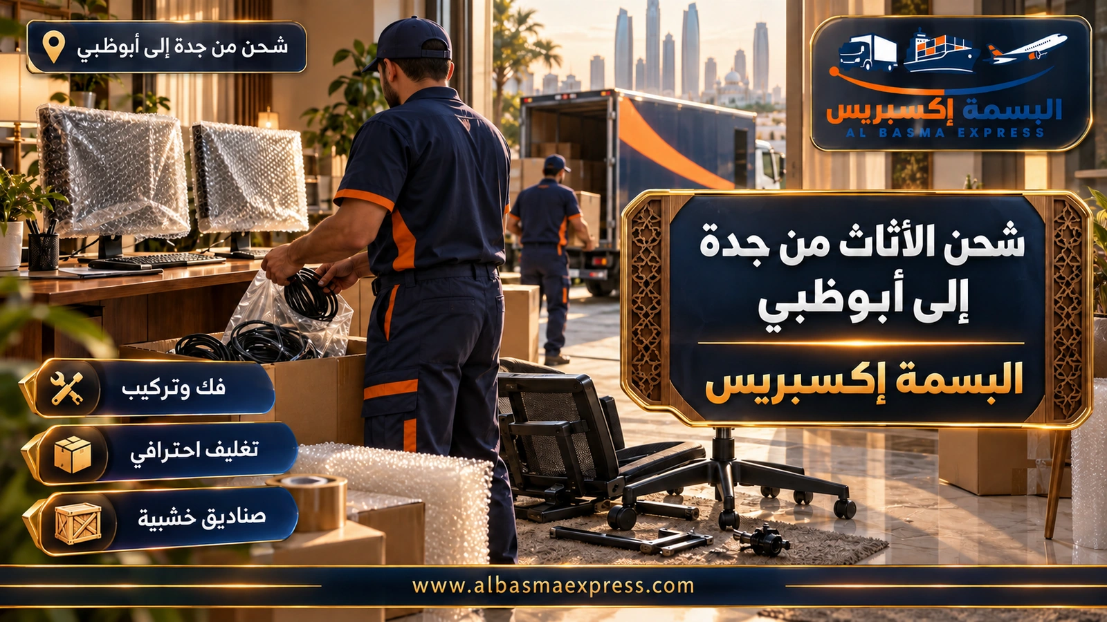 شحن الأثاث من جدة إلى أبوظبي – يدان تلفان كابلات في كيس معنون بجوار شاشات مغلفة | البسمة إكسبريس