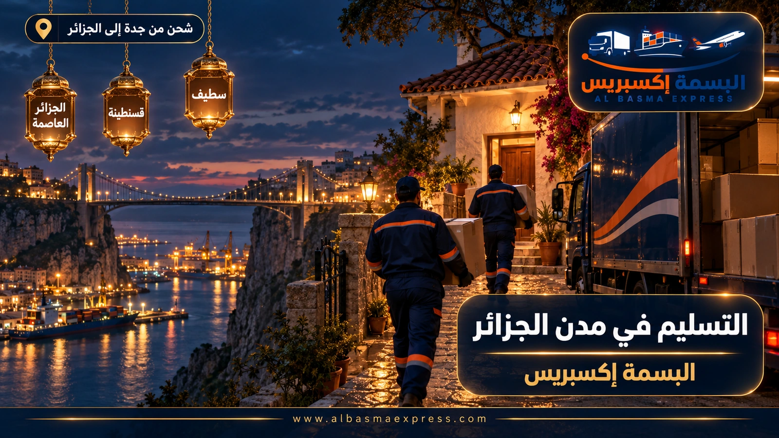 التسليم في مدن الجزائر – عاملان يحملان كراتين في مدينة على جرف يعلوه جسر معلق | البسمة إكسبريس