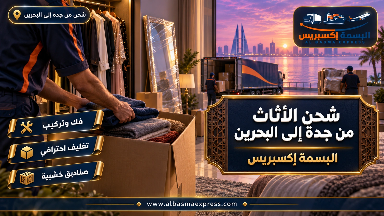 شحن الأثاث من جدة إلى البحرين – يدان تعلقان ملابس في كرتون خزانة قائم | البسمة إكسبريس