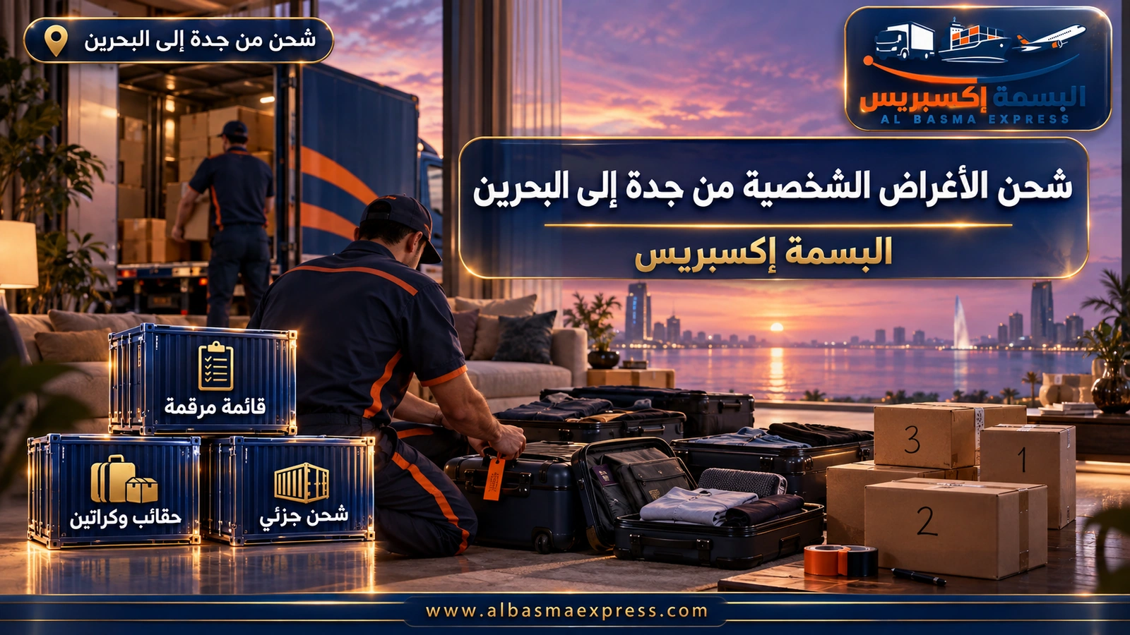 شحن الأغراض الشخصية من جدة إلى البحرين – حقائب مرتبة وكراتين مرقمة ويد تربط شريطاً ملوناً | البسمة إكسبريس