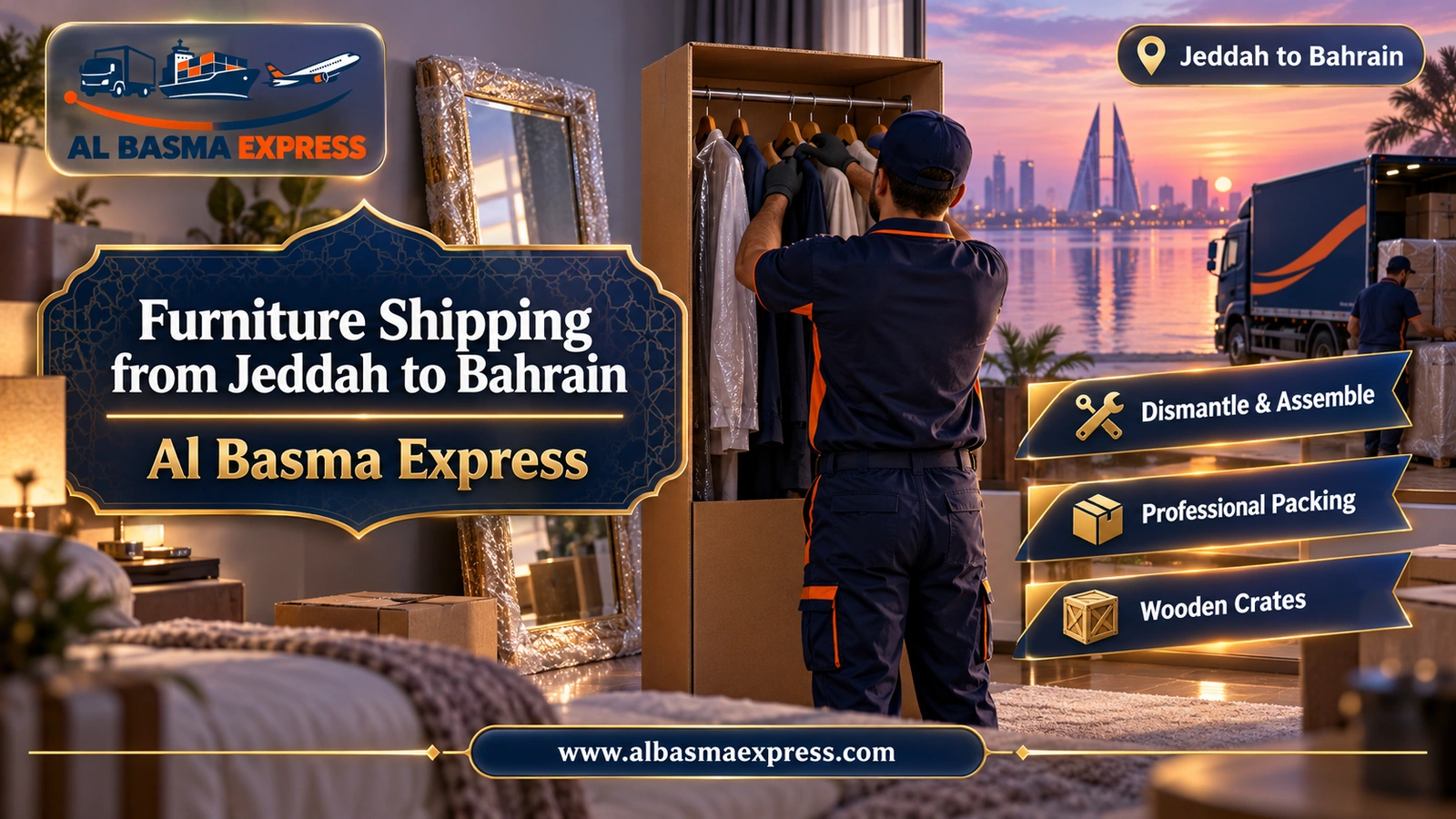 Furniture Shipping from Jeddah to Bahrain – hands hanging clothes in an upright wardrobe carton | Al Basma Express