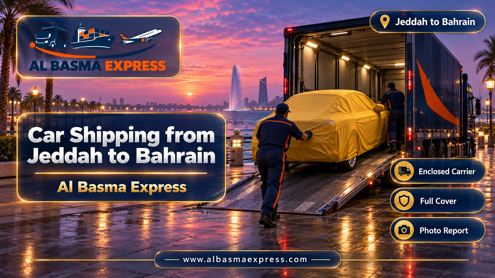 Car Shipping from Jeddah to Bahrain – small covered car rolling off a carrier by the sea | Al Basma Express