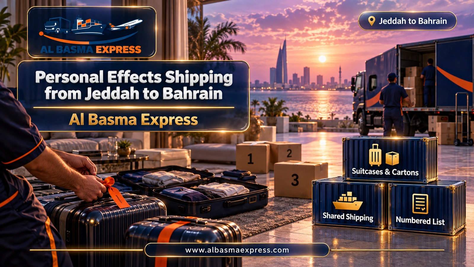 Personal Effects Shipping from Jeddah to Bahrain – packed suitcases, numbered cartons and a hand tying a ribbon | Al Basma Express