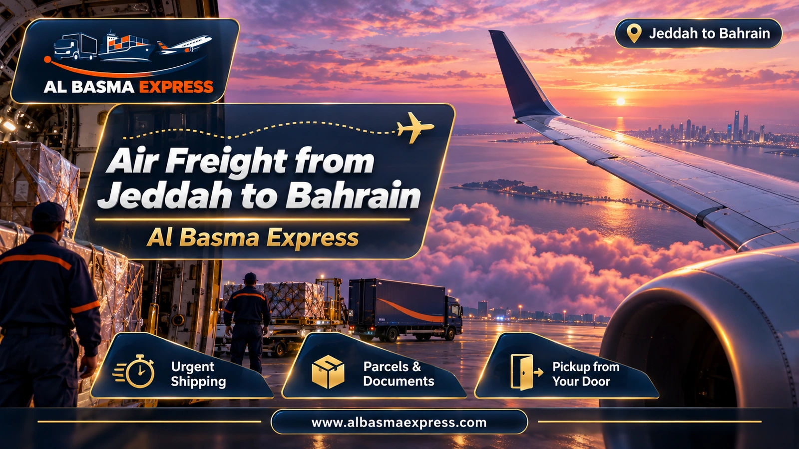 Air Freight from Jeddah to Bahrain – view from an aircraft window over pink clouds | Al Basma Express