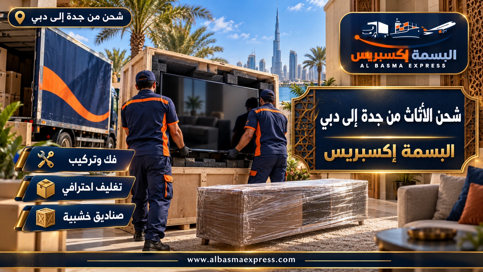 شحن الأثاث من جدة إلى دبي – عاملان يضعان شاشة تلفاز كبيرة في صندوق مبطن | البسمة إكسبريس