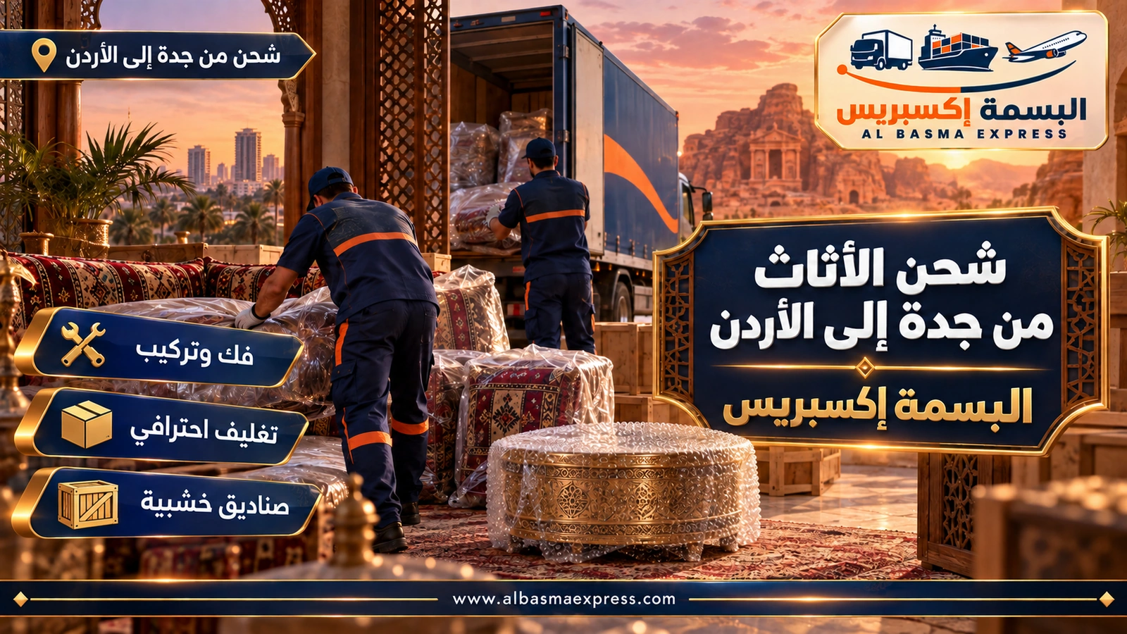 شحن الأثاث من جدة إلى الأردن – عاملان يطويان فراشاً عربياً ومساند في أكياس | البسمة إكسبريس