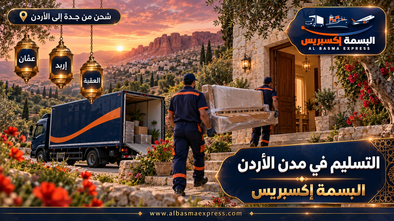 التسليم في مدن الأردن – عاملان يحملان سريراً مغلفاً نحو بيت حجري بين تلال خضراء | البسمة إكسبريس